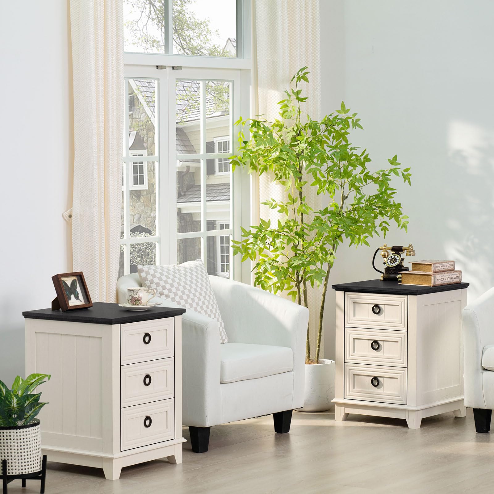 White farmhouse side tables with black tops and drawers, country set of 3