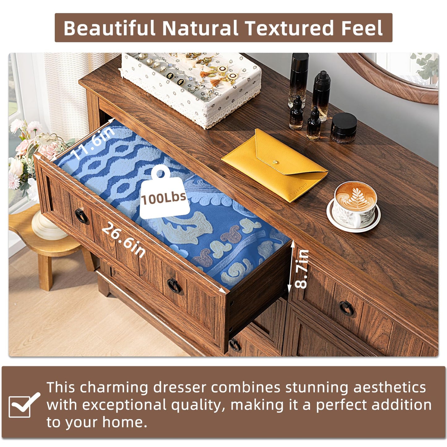 Wood dresser with open drawer, black round knobs, and textured top surface