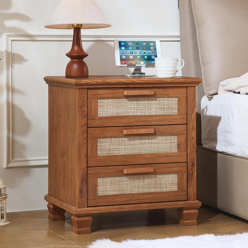 Tea brown rattan-style nightstand with 3 drawers and woven front panels