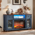 Blue farmhouse TV stand with electric fireplace and glass cabinet doors