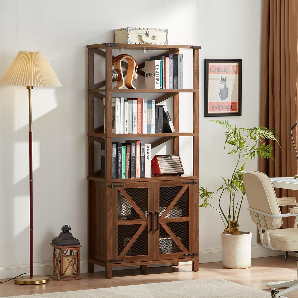 Brown wood bookcase with open shelves and mesh cabinet doors for storing books