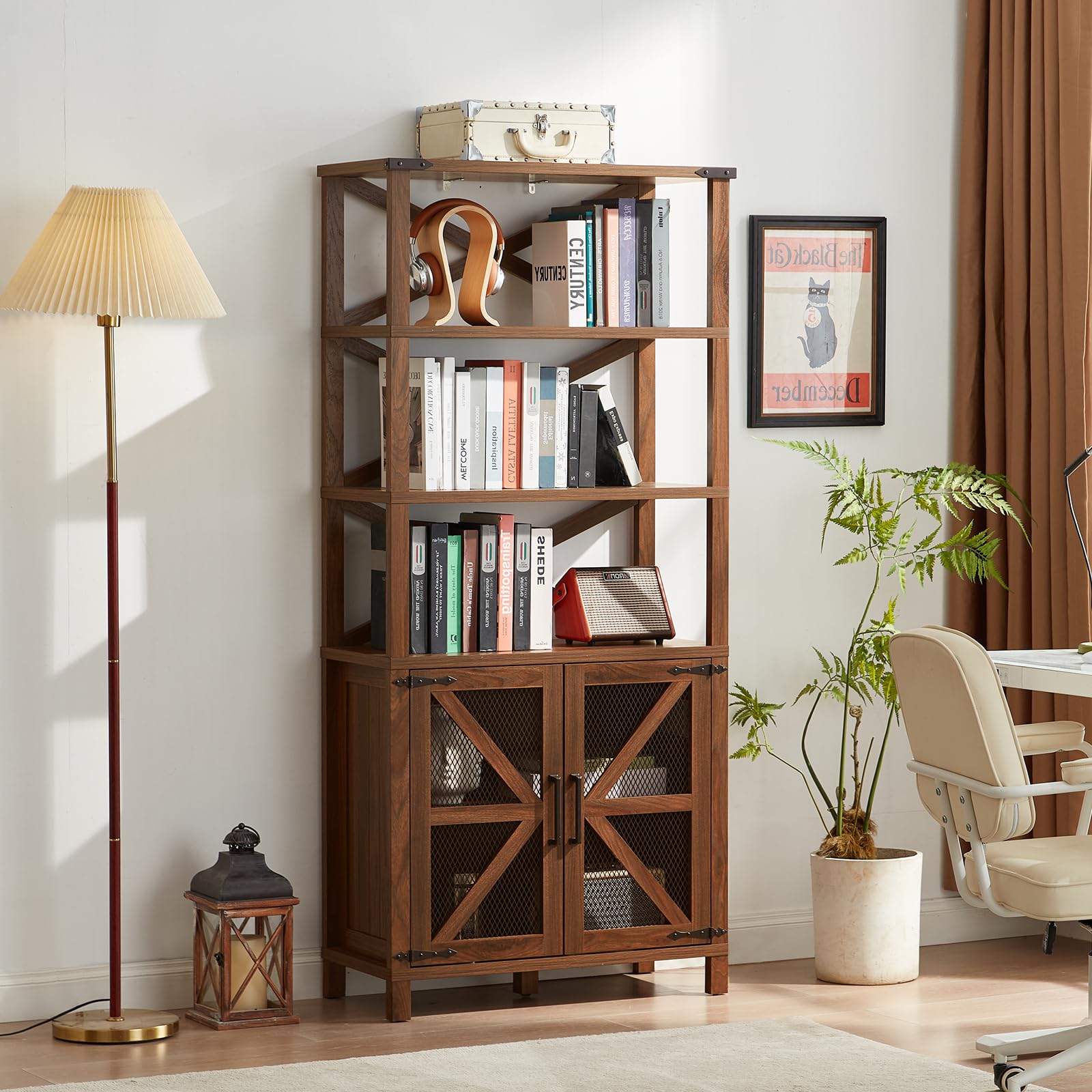 Brown wood bookcase with open shelves and mesh cabinet doors for storing books