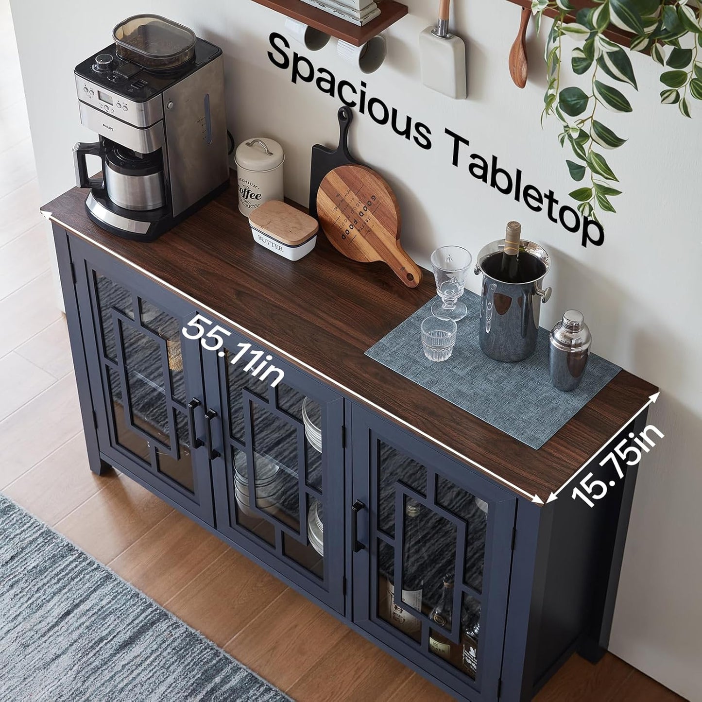 Navy sideboard cabinet with wide wooden tabletop and three glass-pane cabinet doors
