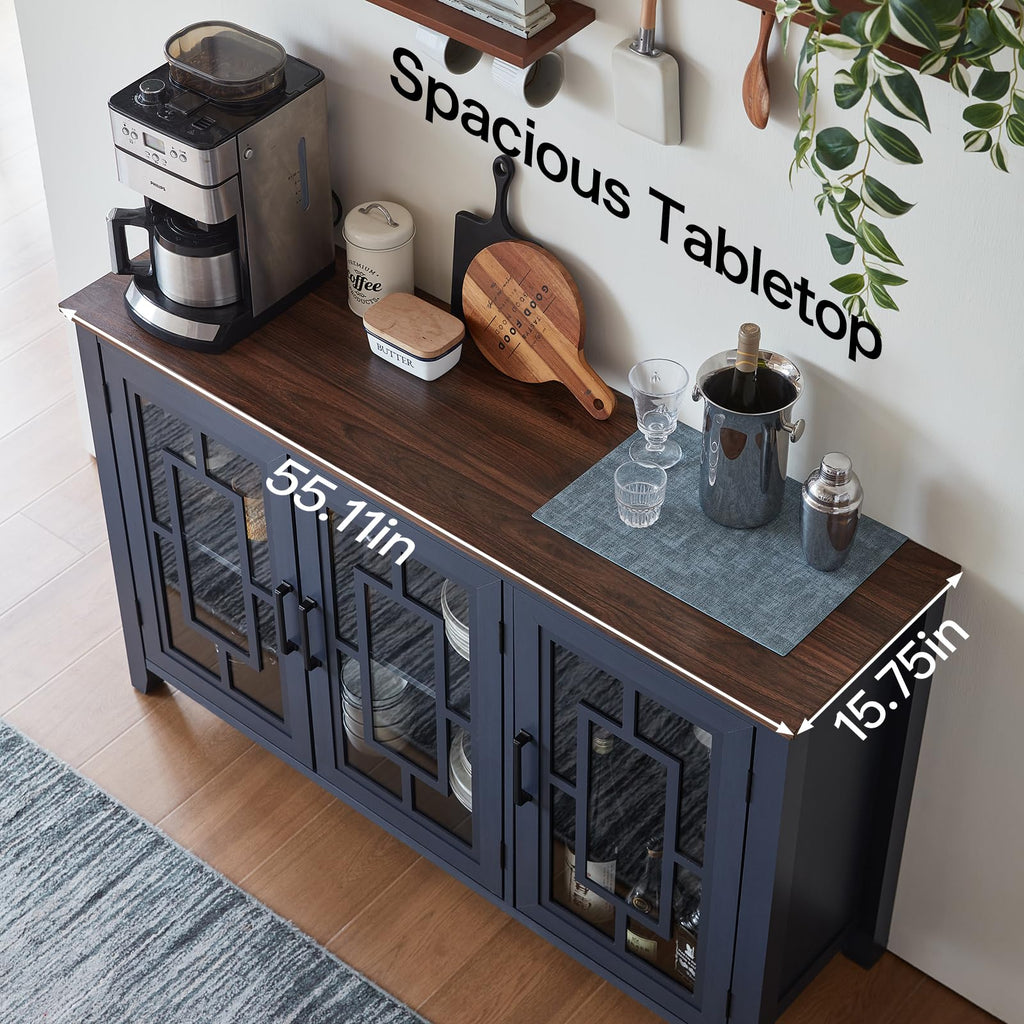 Sideboard cabinet with dark frame and glass doors, shown with tabletop coffee items