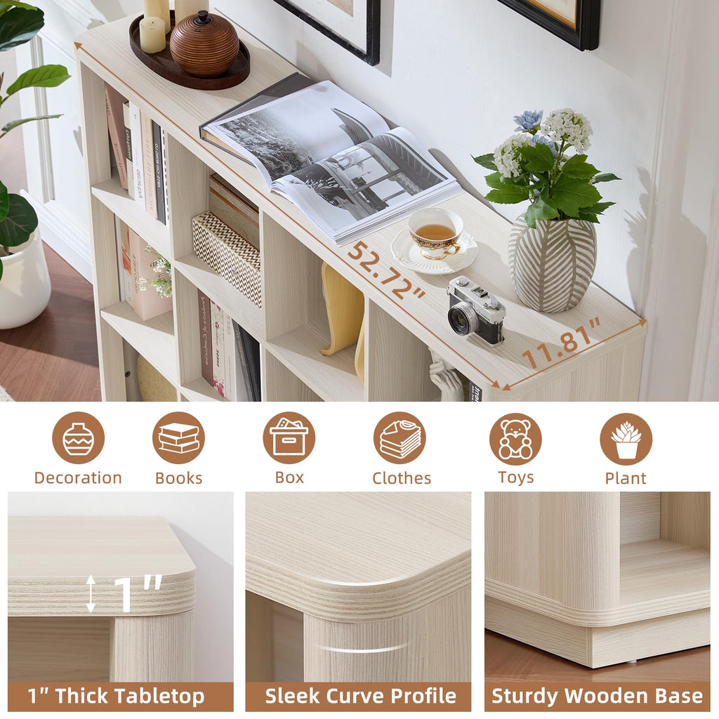 White cube storage book shelf with curved profile top and sturdy wooden base