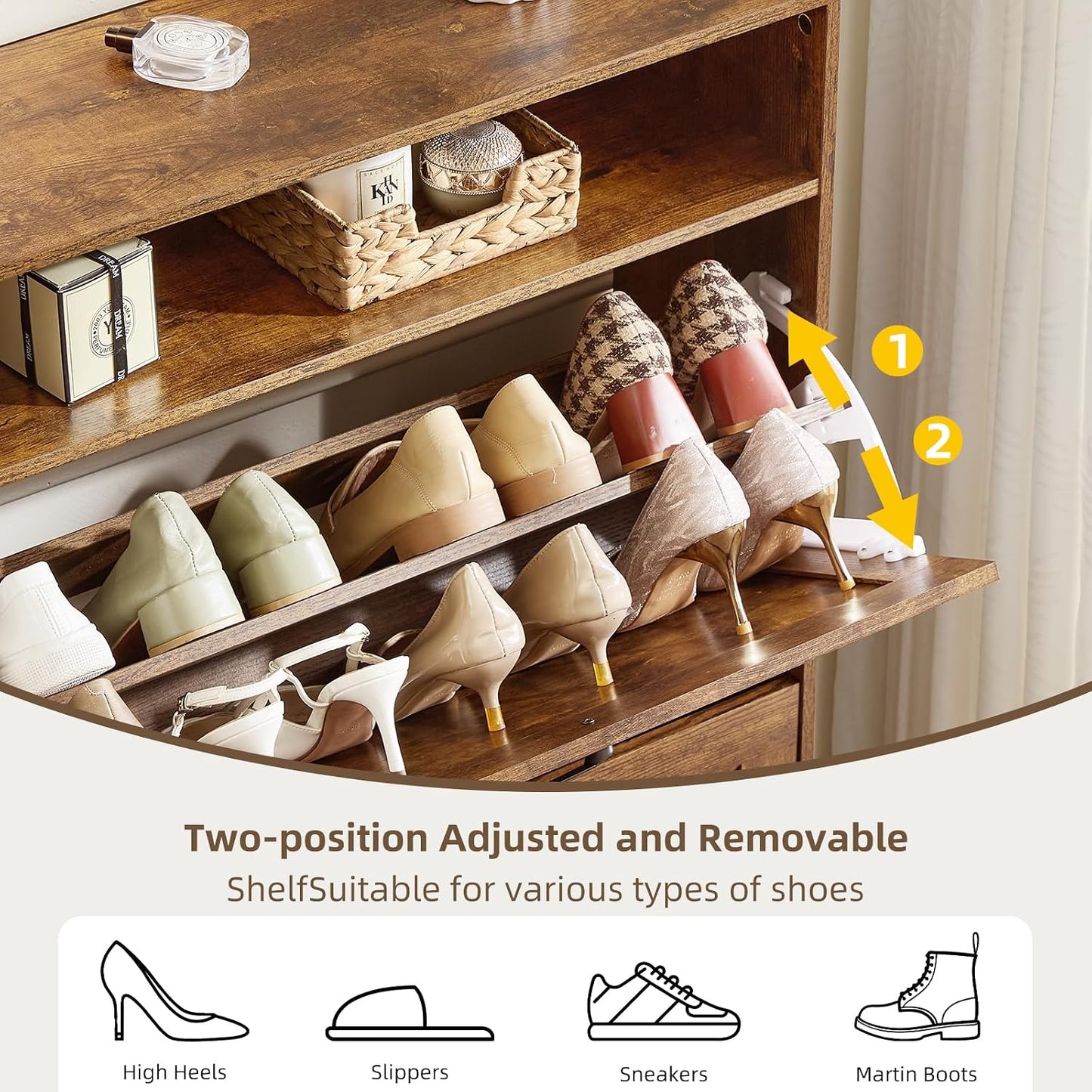 Wood shoe storage cabinet with two flip drawers, open shoe racks and top shelf