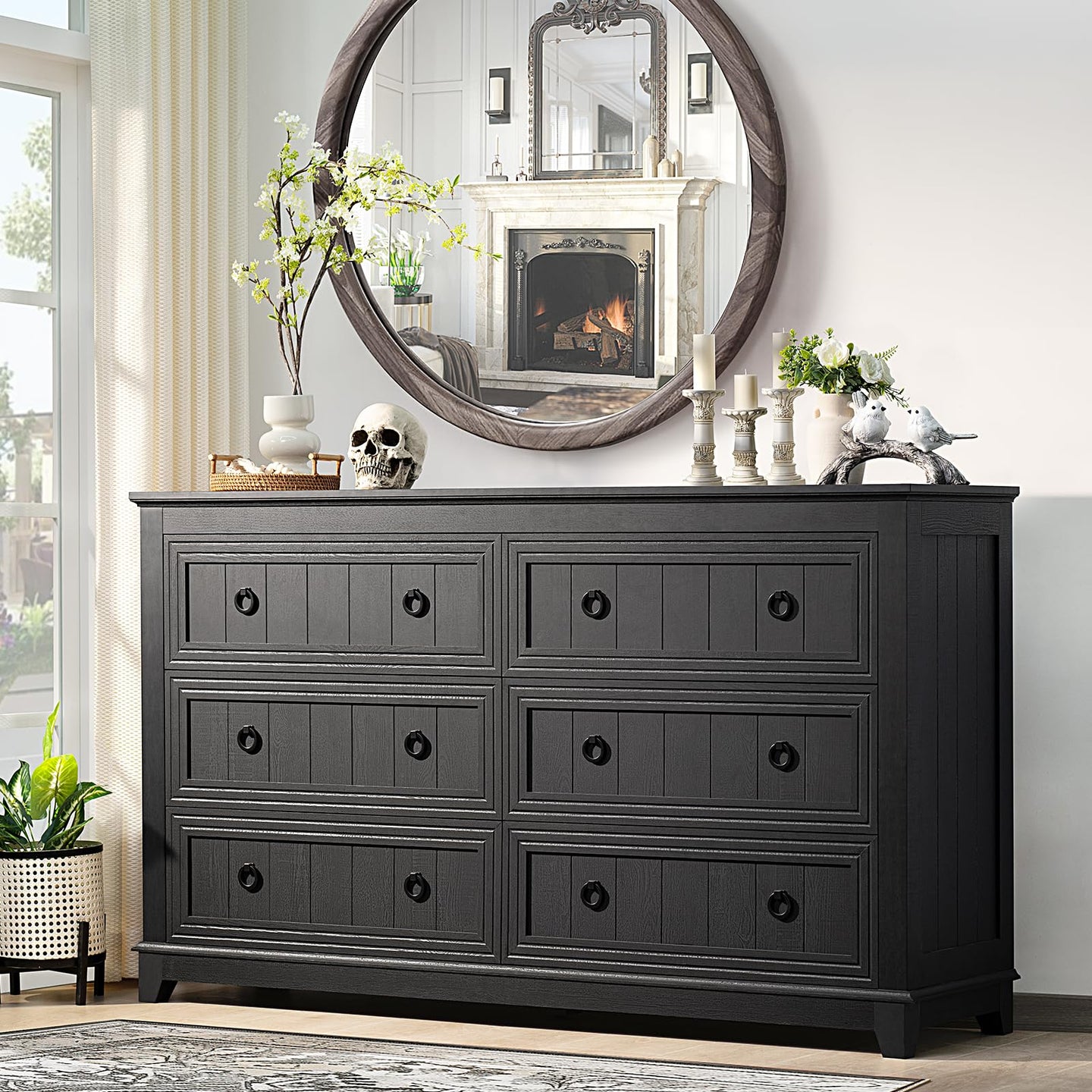 Dark gray wood dresser with 6 drawers and black round knob pulls