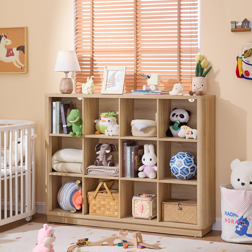 Natural oak cube storage book shelf with open cubbies for toys and books