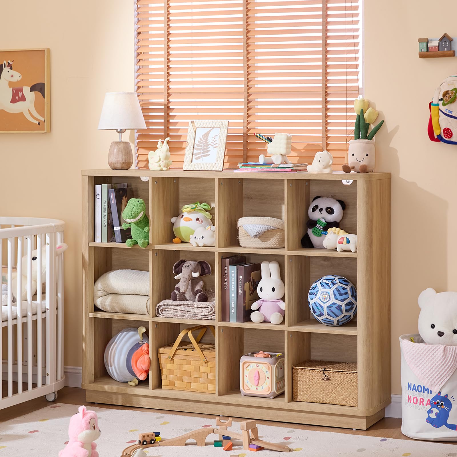Natural oak cube storage book shelf with open cubbies for toys and books
