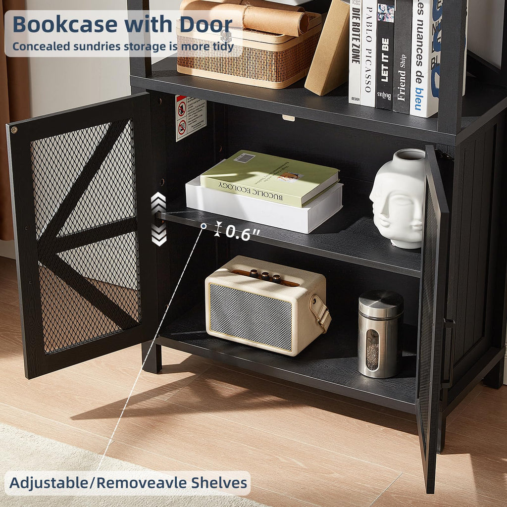 Dark blue tall bookshelf with mesh barn-style doors and three open shelves