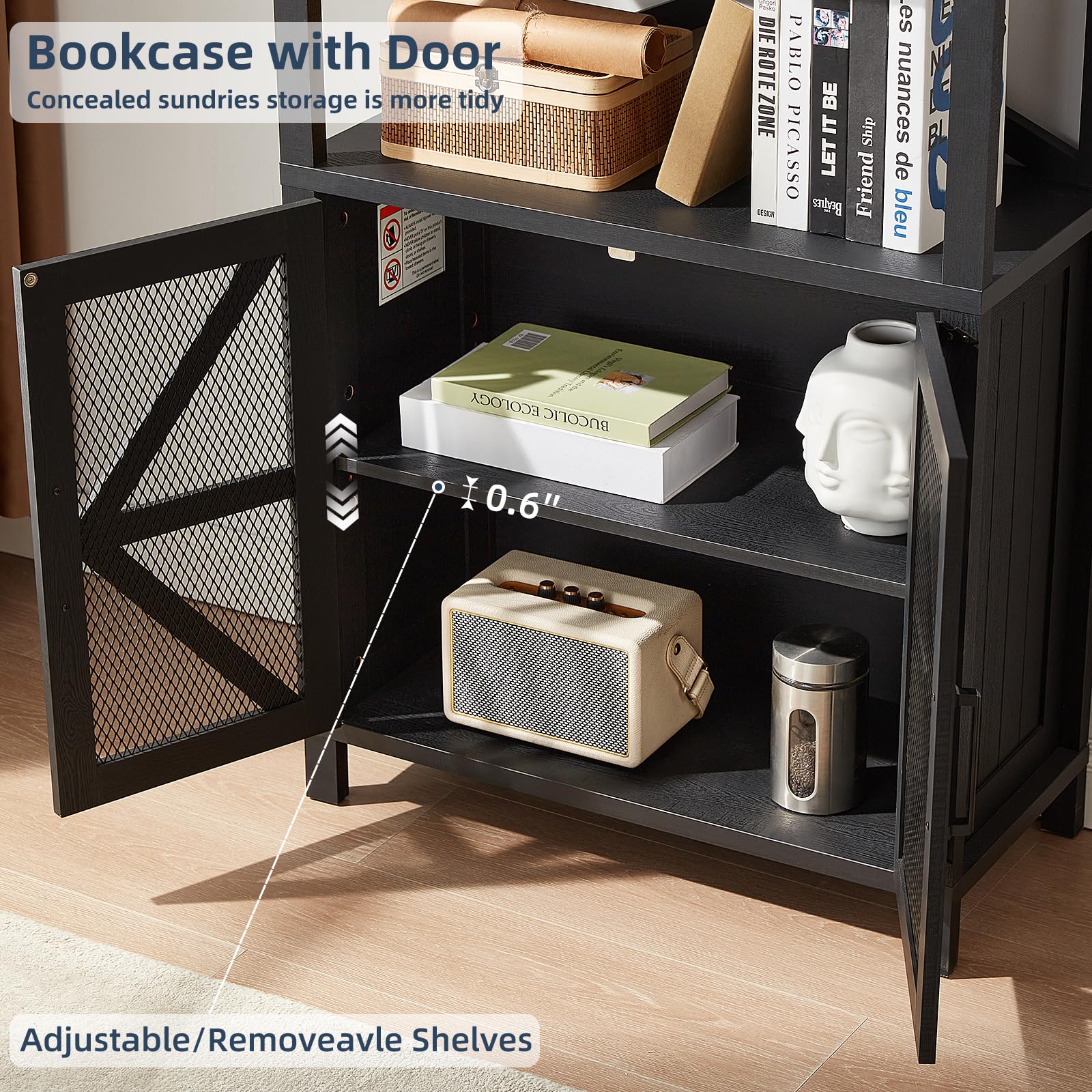Dark blue tall bookshelf with mesh barn-style doors and three open shelves