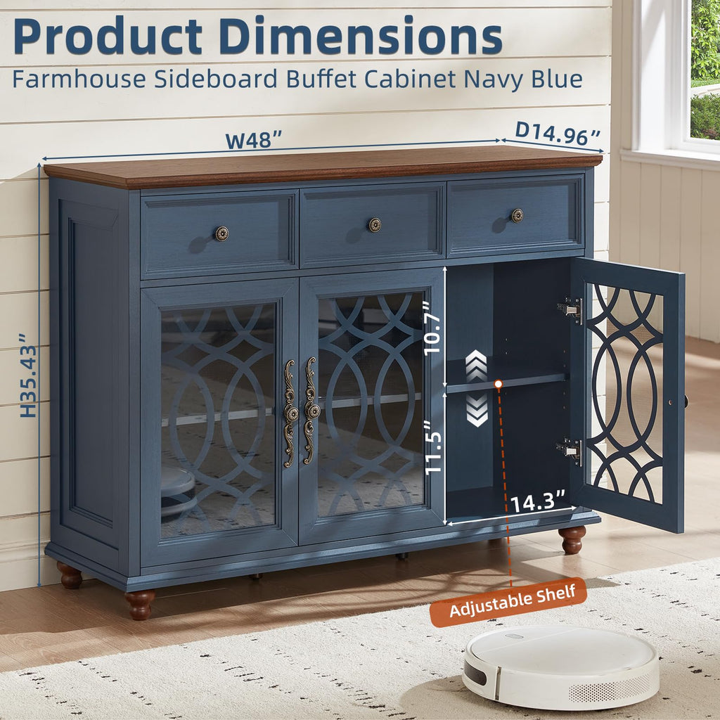 Navy blue sideboard buffet cabinet with glass doors, two drawers, and adjustable shelf