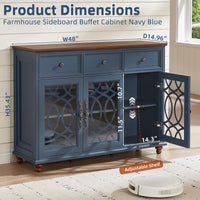 Navy blue farmhouse sideboard buffet cabinet with glass doors, open storage and adjustable shelf