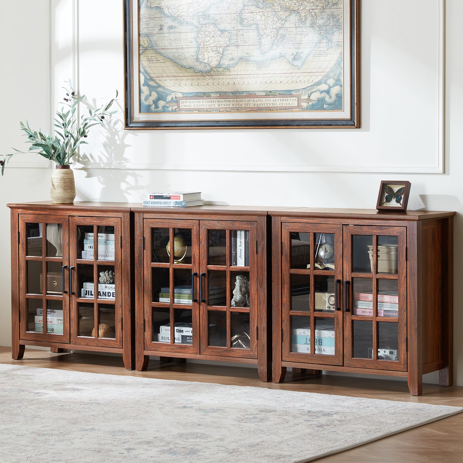 Brown sideboard cabinet with multiple glass doors and interior display shelves