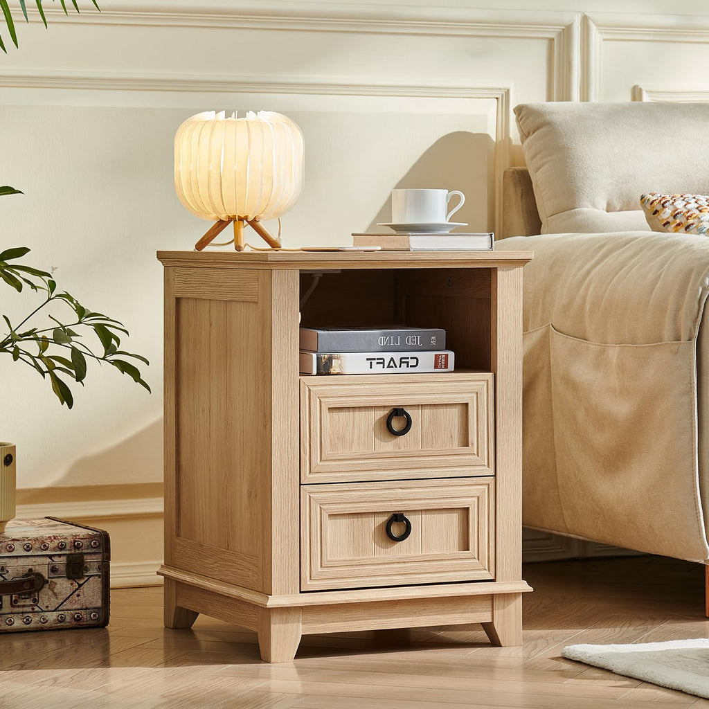 Farmhouse wood nightstand cabinet with 2 drawers and round metal pulls, open shelf.