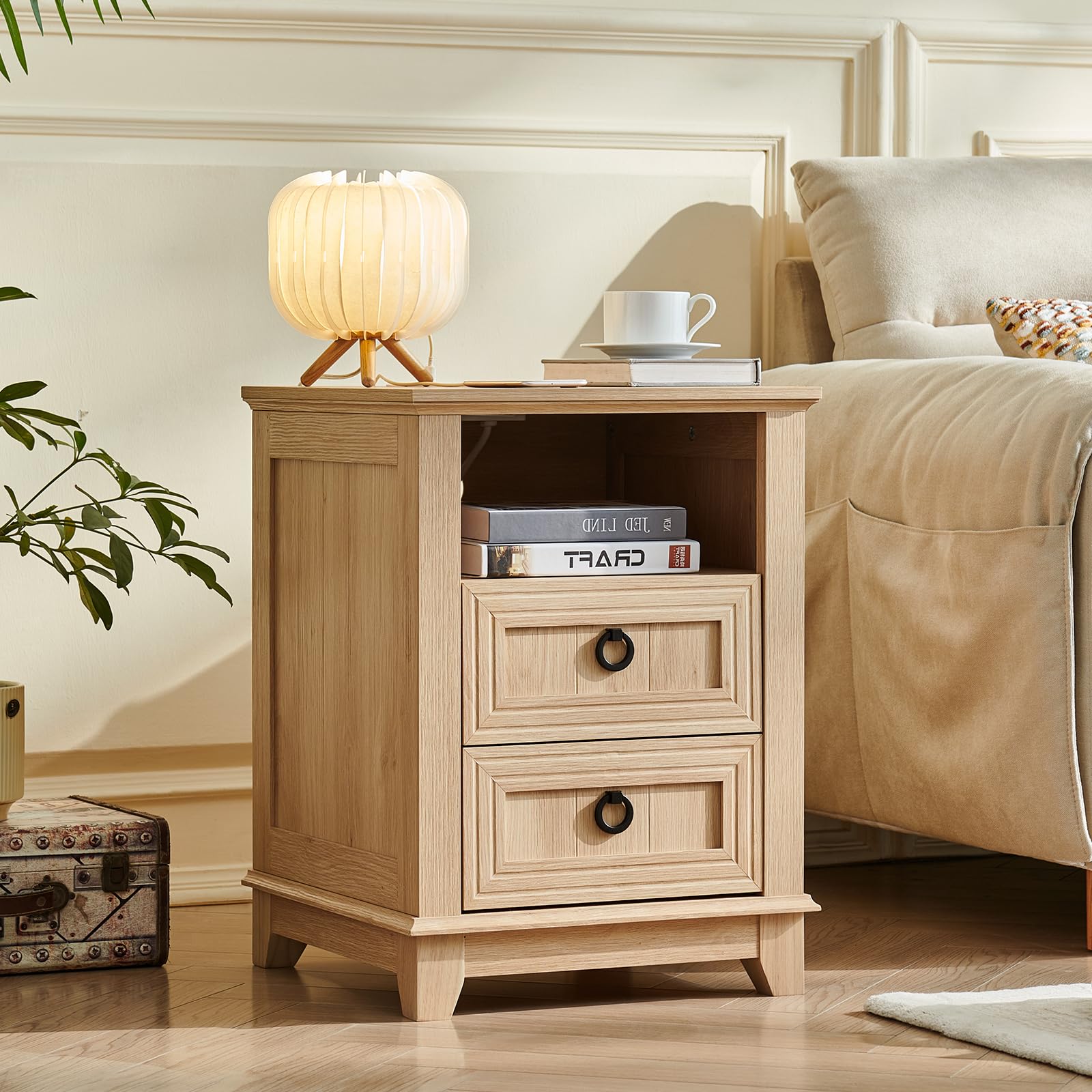 Farmhouse wood nightstand cabinet with 2 drawers and round metal pulls, open shelf.