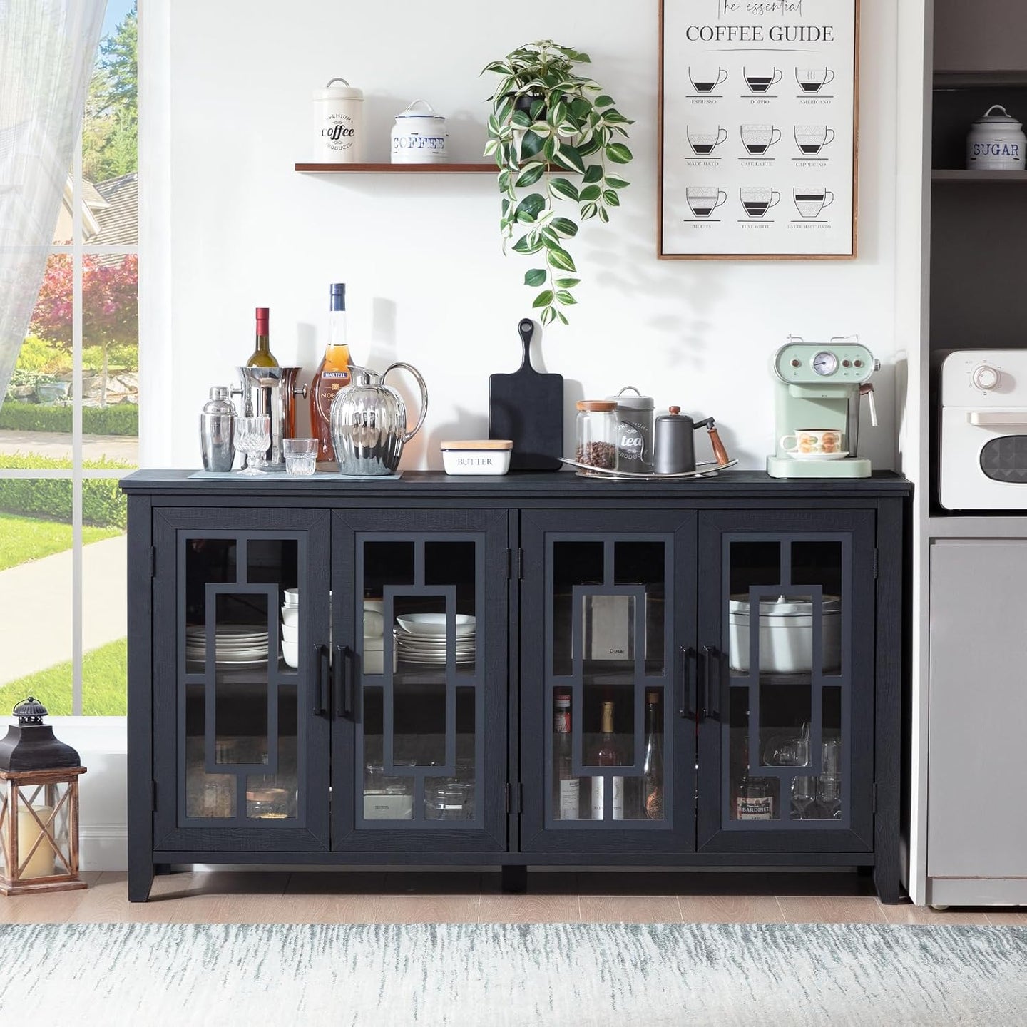 Sideboard buffet cabinet with four glass doors, dark blue-gray finish and open decor space