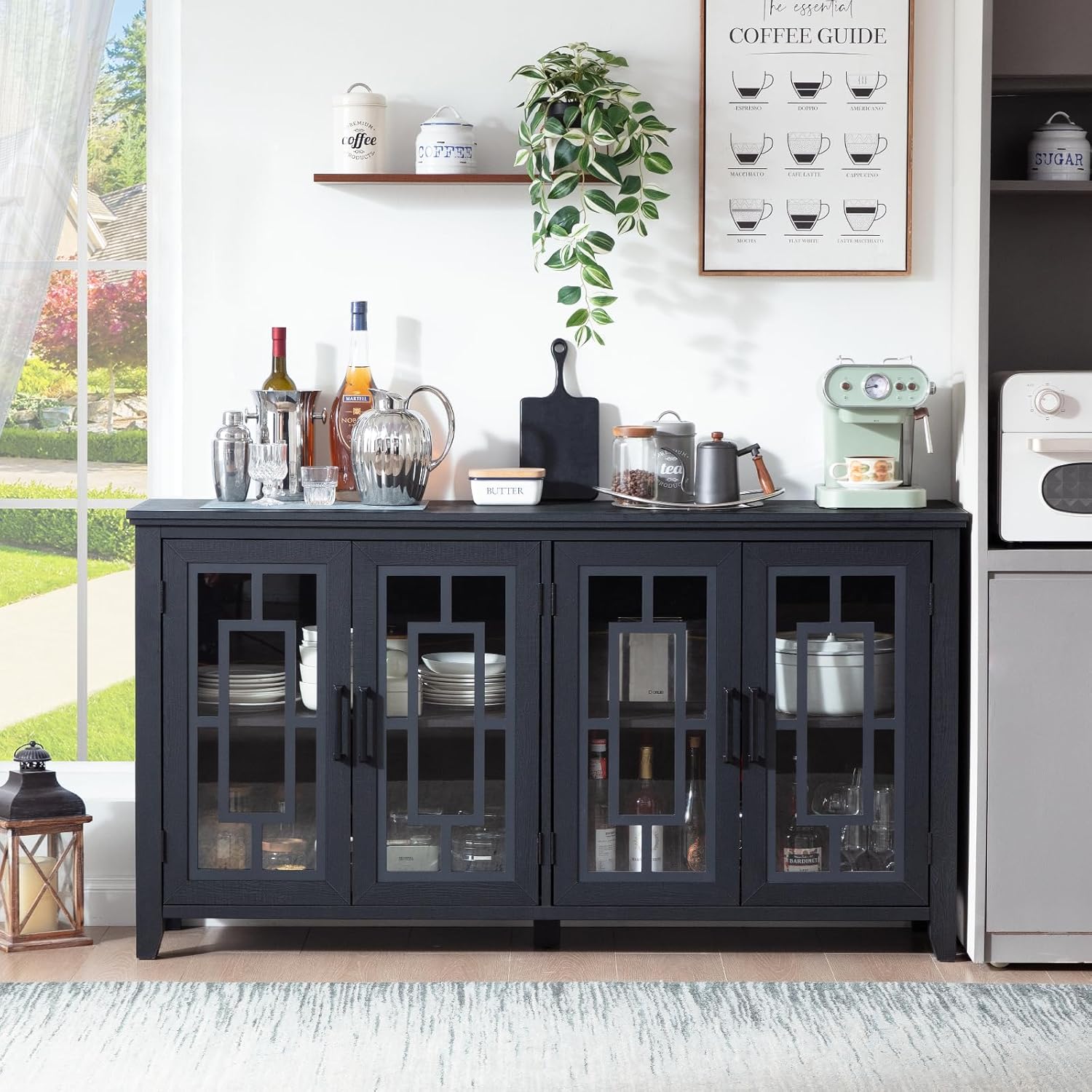 Sideboard buffet cabinet with four glass doors, dark blue-gray finish and open decor space