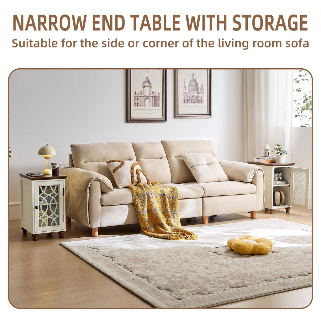 Narrow end table with storage cabinet and glass door, white frame and dark top