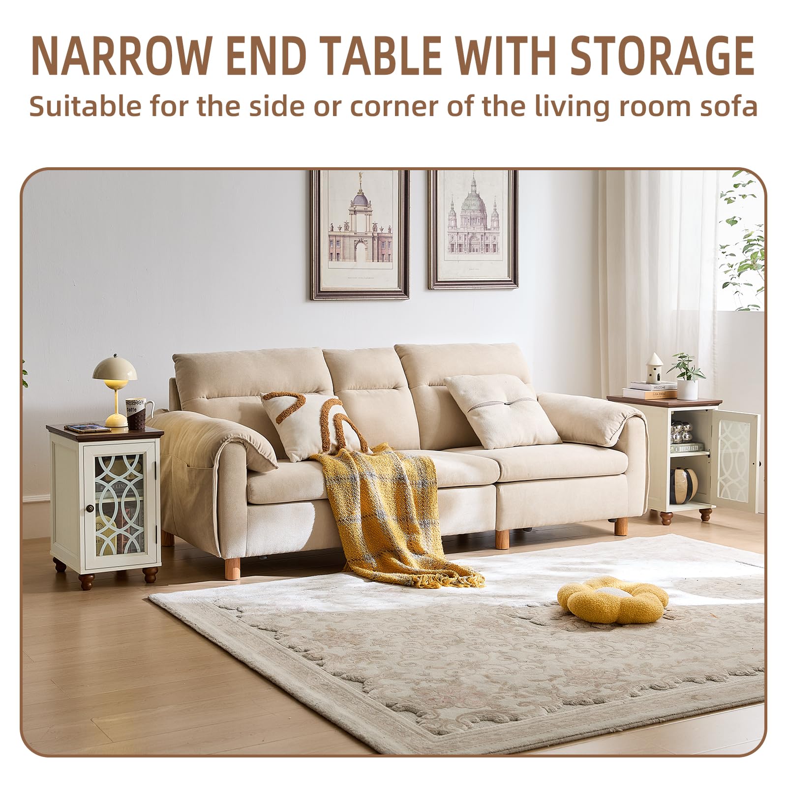 Narrow end table with storage cabinet and glass door, white frame and dark top