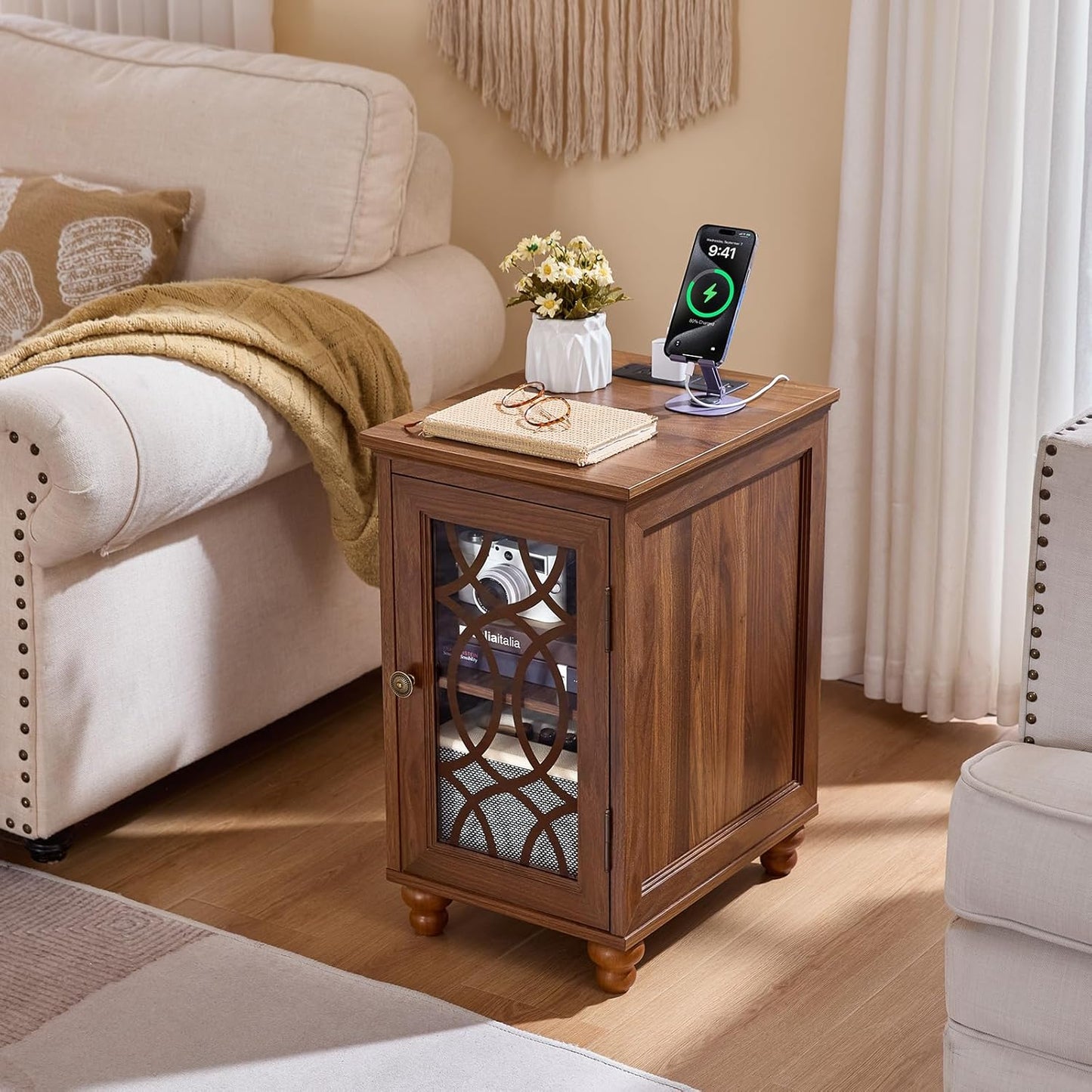 Narrow Side Table with Charging Station, Night Stand with Glass Door, Bedside End Tables with Adjustable Shelf Storage Cabinet,Wood Nightstand for Small Spaces Living Room Bedroom