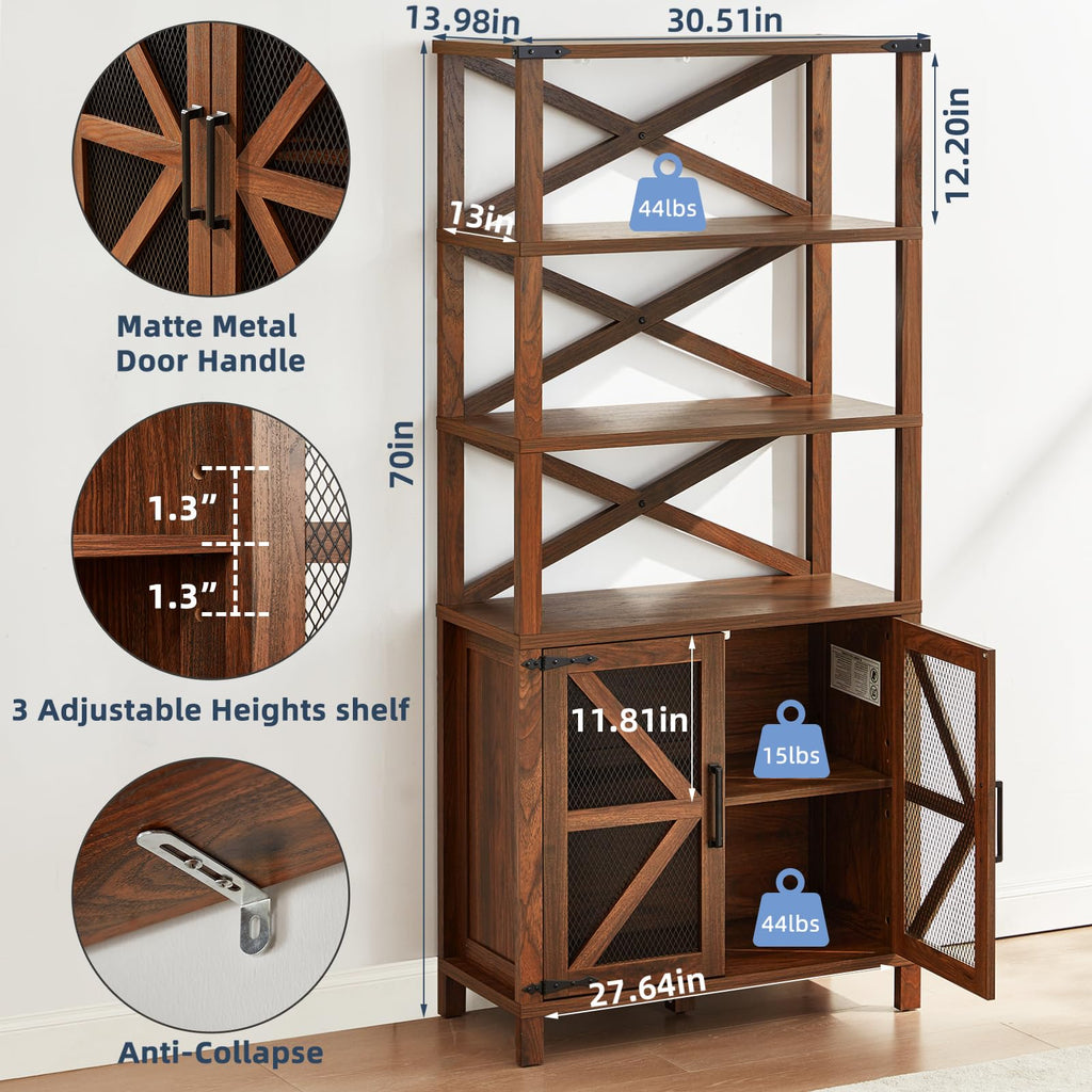 Wood bookcase with open shelving, adjustable shelves, and lower mesh door cabinet