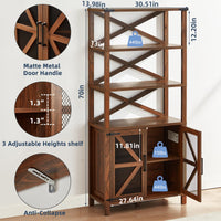 Brown wood bookcase with open shelves and mesh cabinet doors with matte metal handles