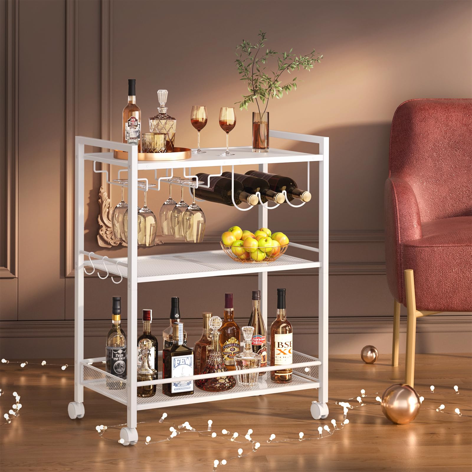 Bar Cart, Home Bar Serving Cart with 3-Tier Shelf,Microwave Cart with Lockable Wheels,Mobile Kitchen Shelf,Rolling Beverage Cart with Wine Rack and Glass Holder for Kitchen,Dinning Room,Gold