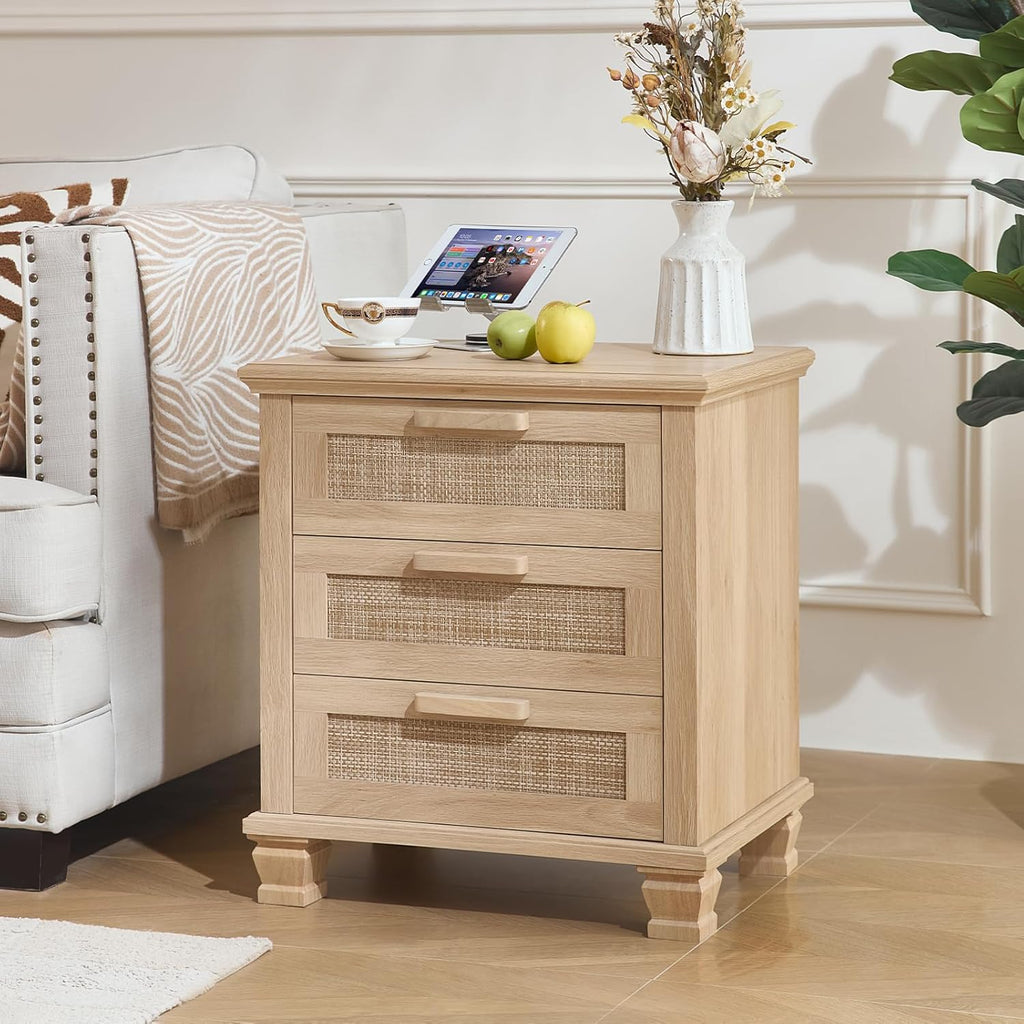 Wood bedside nightstand with three drawers and woven rattan panels, square legs