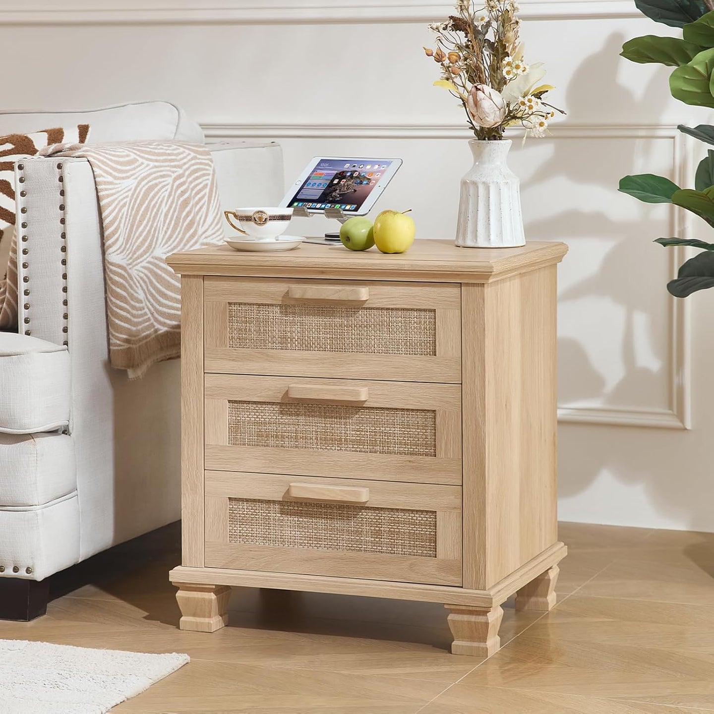 Wood bedside nightstand with three drawers and woven rattan panels, square legs
