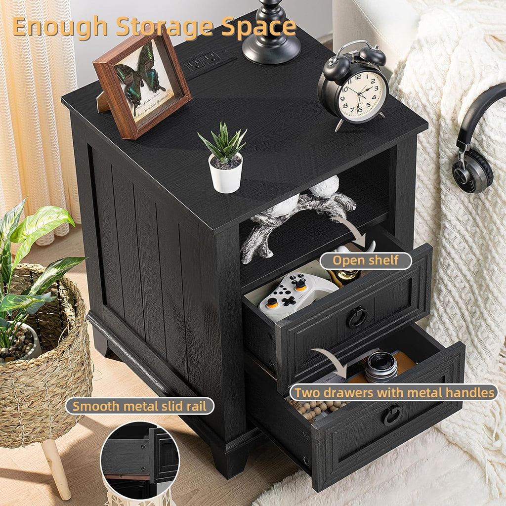 Black wooden nightstand with open shelf, two drawers with metal handles, and smooth rails