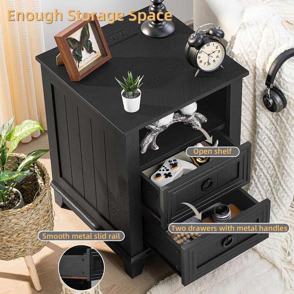 Dark nightstand cabinet with 3 drawers, metal handles, and open shelf under the tabletop.