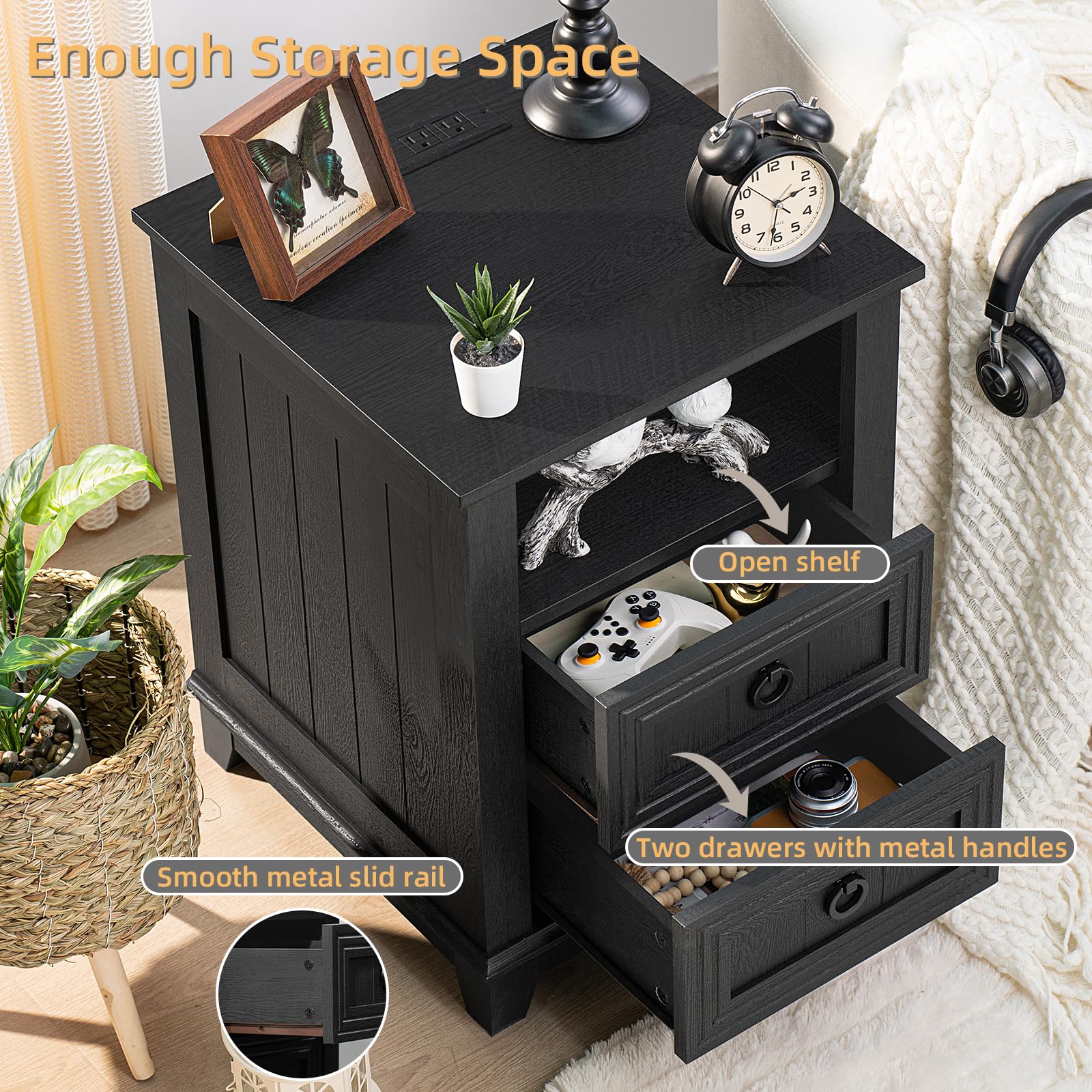 Dark nightstand cabinet with 3 drawers, metal handles, and open shelf under the tabletop.