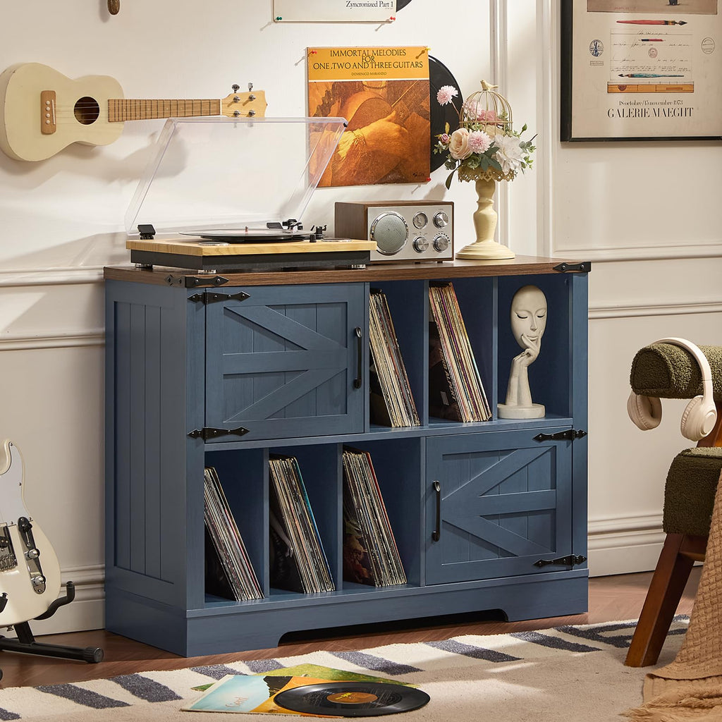 Navy blue record player cabinet with wood top and open vinyl record storage shelves