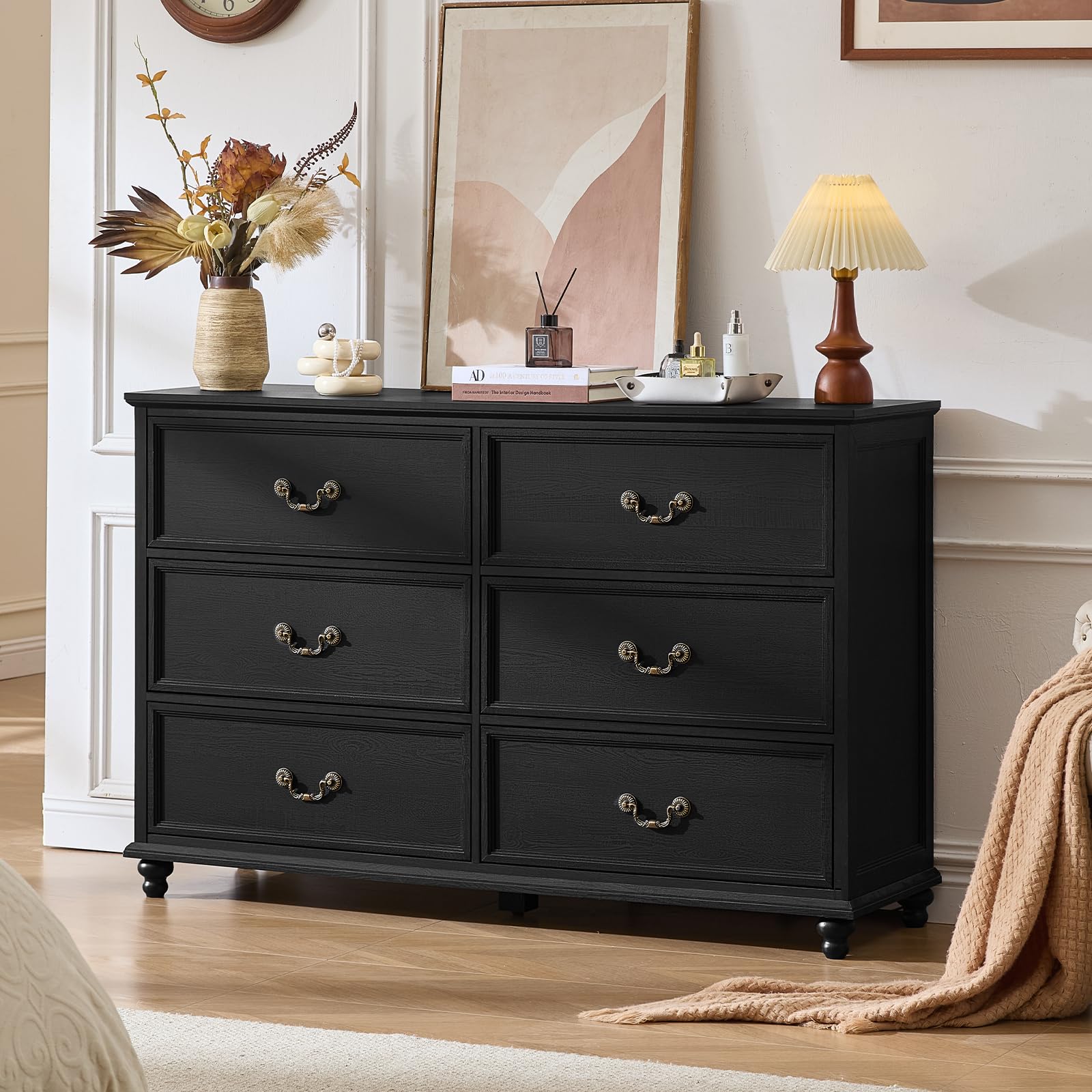 Farmhouse nightstand set of 2, dark wood dresser with 3 drawers and metal handles
