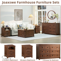 Wood farmhouse dresser with multiple drawers and round black knobs