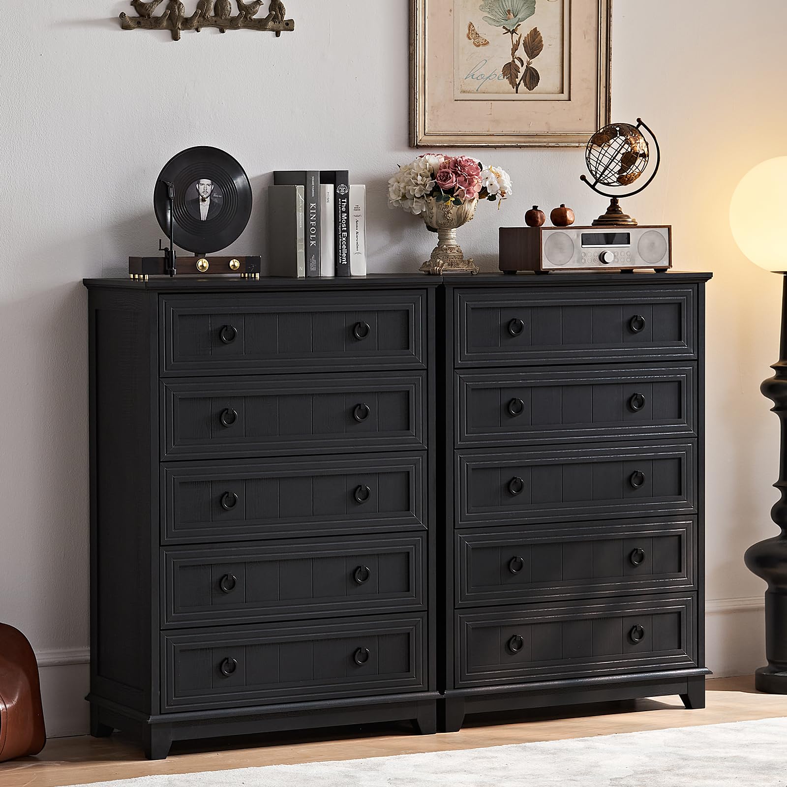 18" Farmhouse Night Stand with Charging Station, 2 Drawers End Table Dresser for Bedroom, Blue Wooden Nightstand, Bed Side Table with Open Shelf, Bedside Cabinet for Living Room, Closet