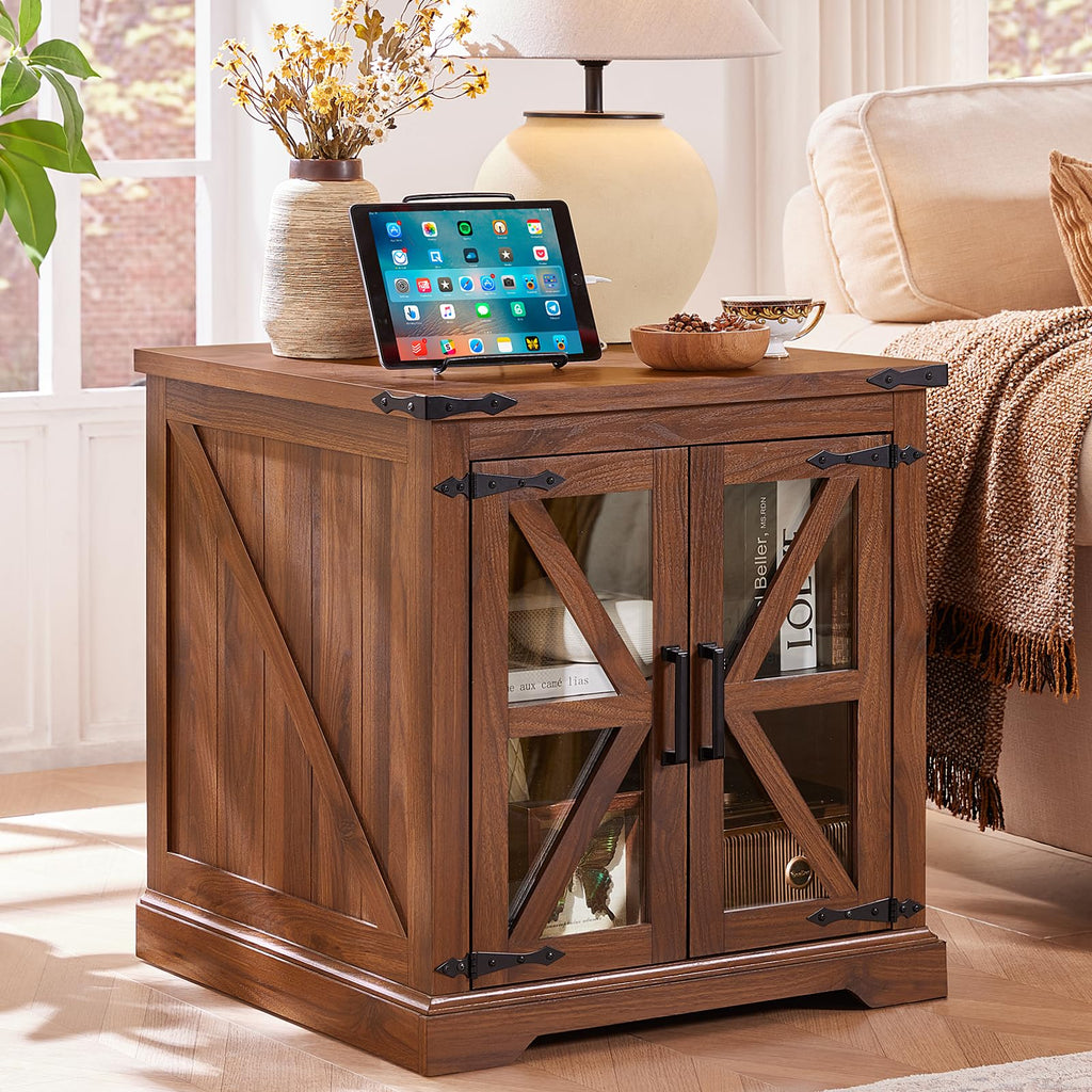 Wood end table with black top, cabinet doors, and open shelf for storage, brown finish