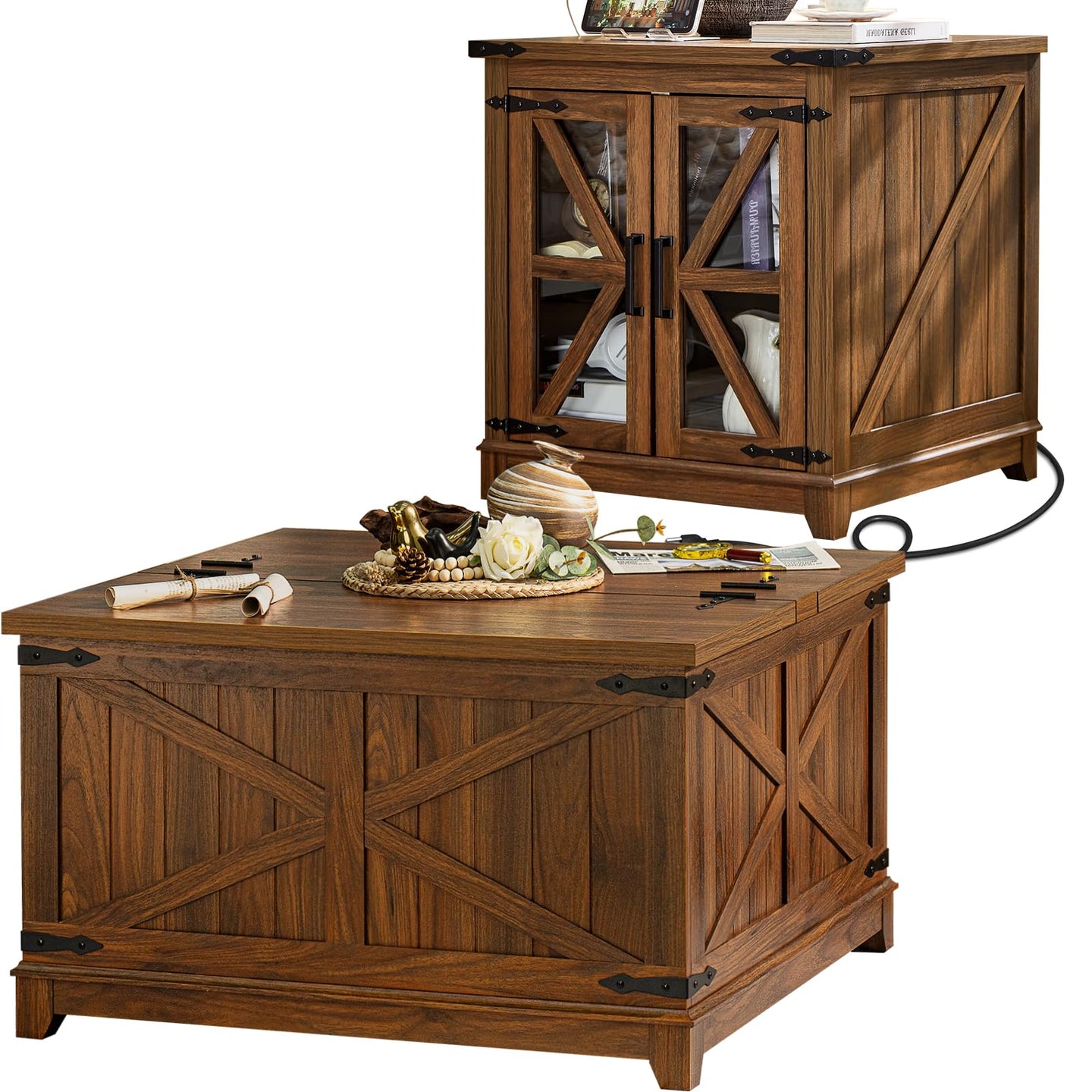 Brown wood coffee table with flip-up lid, hidden storage, and visible charging cable.