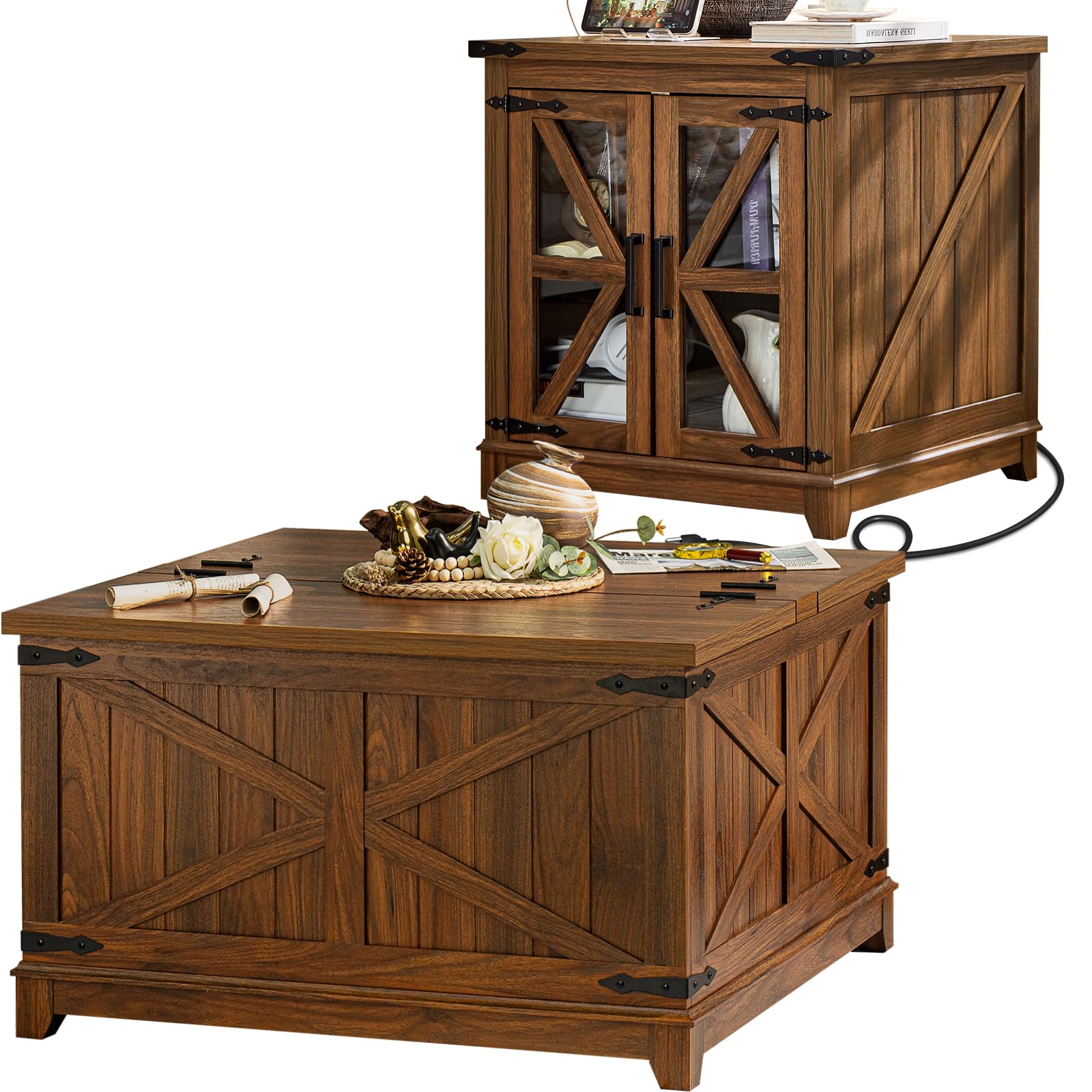 Brown wood coffee table with flip-up lid, hidden storage, and visible charging cable.