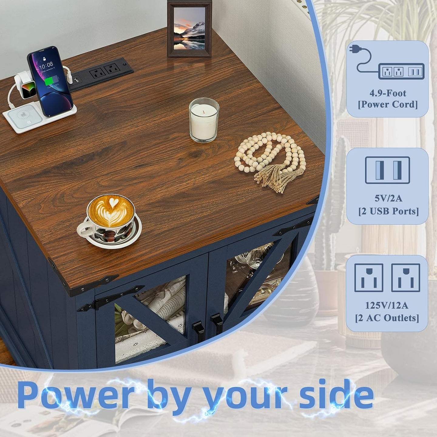Blue wood lift-top coffee table with built-in outlets and USB ports, storage compartment
