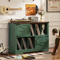 Record player cabinet with open record shelves and barn-style doors, green finish