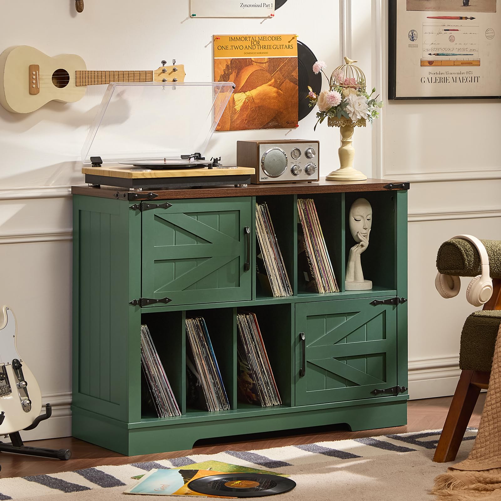Record player cabinet with barn doors and open vinyl storage, dark green wood