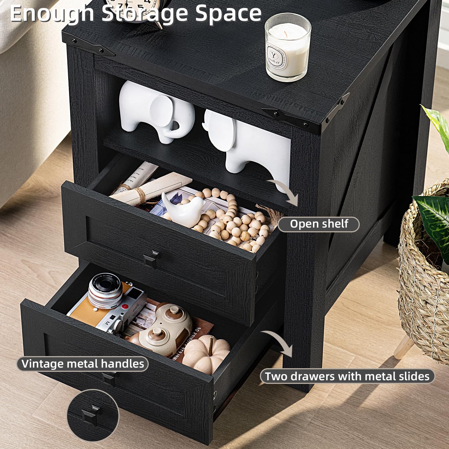 Black nightstand with open shelf and 2 drawers with metal slide rails