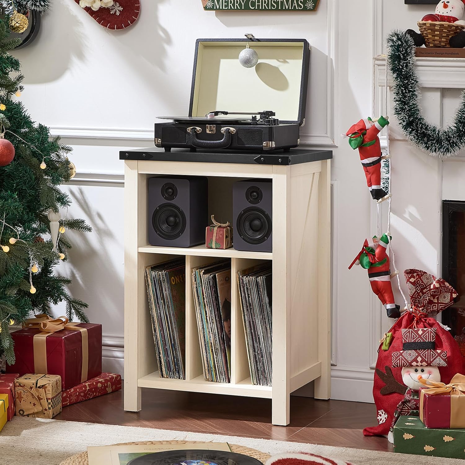 White record player stand cabinet with open lid and vinyl records in front shelves