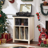 Record player stand with vinyl record storage shelves and turntable surface, open cabinet