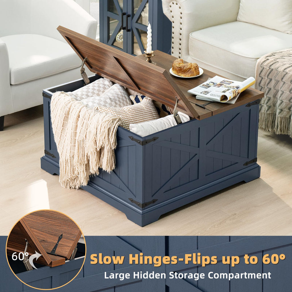 Navy blue square coffee table with hinged lift top open, revealing hidden storage