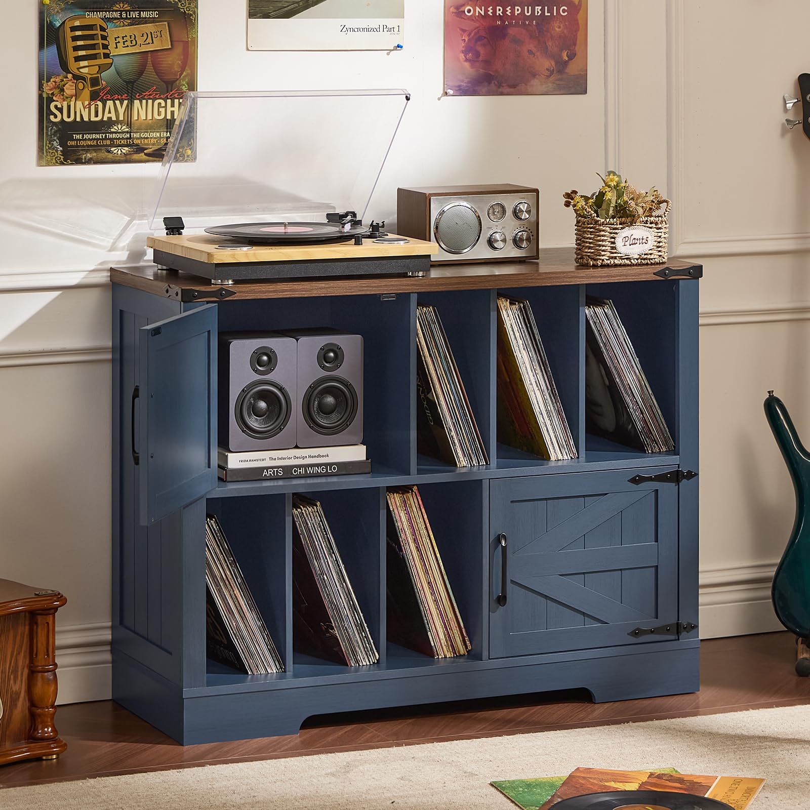 Navy blue record player stand cabinet with barn doors and vinyl storage shelves