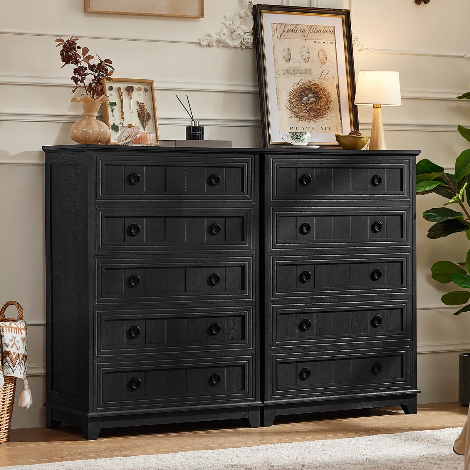 Navy painted farmhouse dresser with five drawers and round metal knobs.
