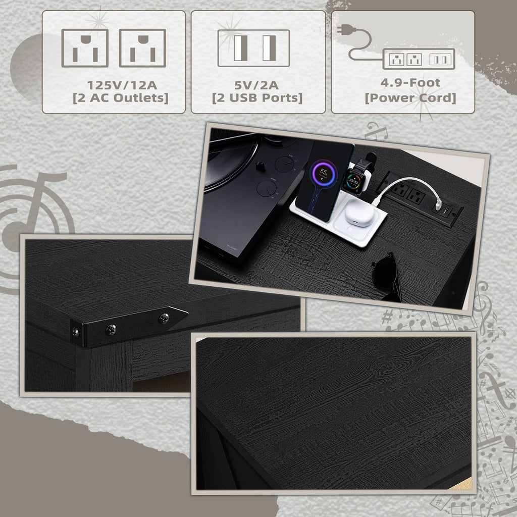 Record player stand with charging panel: AC outlets and USB ports near the turntable